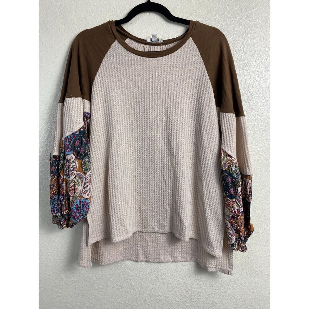 Umgee Floral Thermal Waffle Knit Peasant Boho Sweater Size Small Brown Hippie